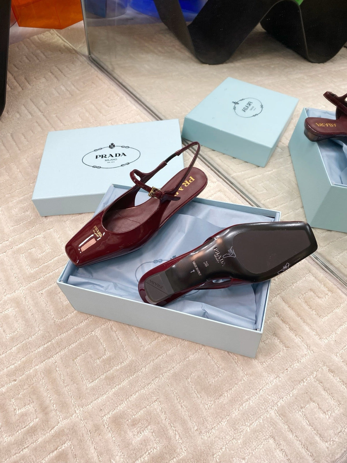 PRADA MARY JANE SLINGBACK SQUARE TOE IN BURGUNDY RED PATENT SHEEPSKIN
