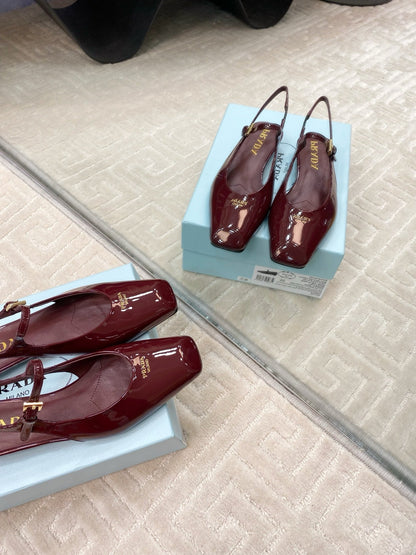 PRADA MARY JANE SLINGBACK SQUARE TOE IN BURGUNDY RED PATENT SHEEPSKIN