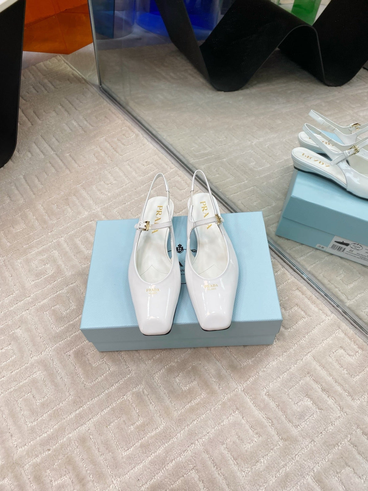 PRADA MARY JANE SLINGBACK SQUARE TOE IN WHITE PATENT SHEEPSKIN
