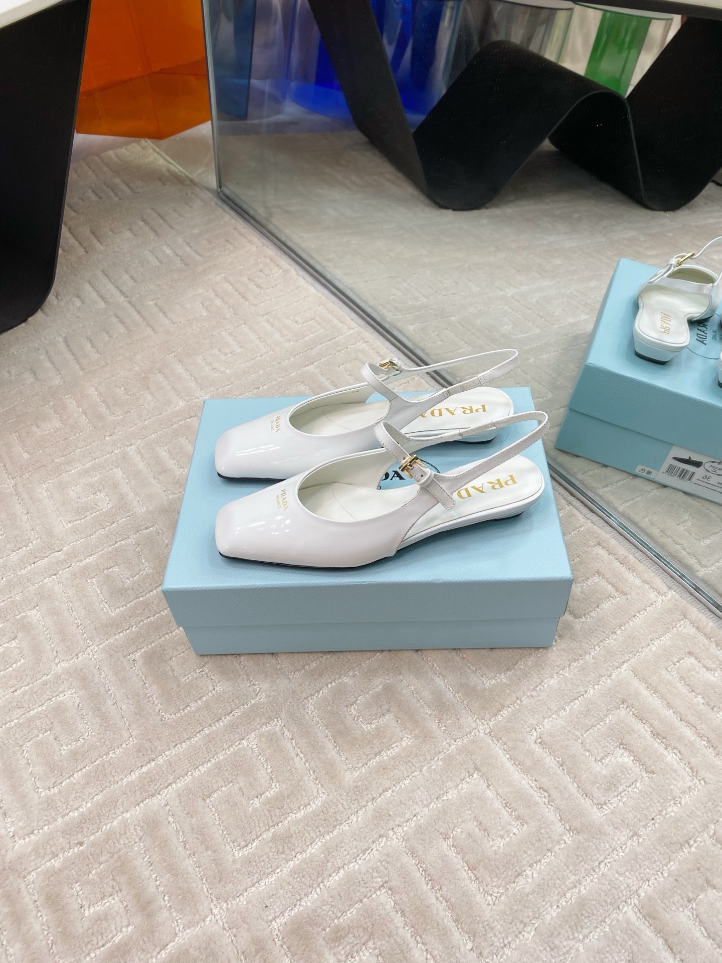 PRADA MARY JANE SLINGBACK SQUARE TOE IN WHITE PATENT SHEEPSKIN