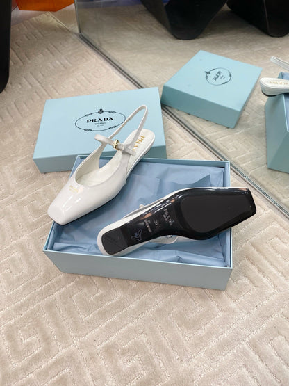 PRADA MARY JANE SLINGBACK SQUARE TOE IN WHITE PATENT SHEEPSKIN