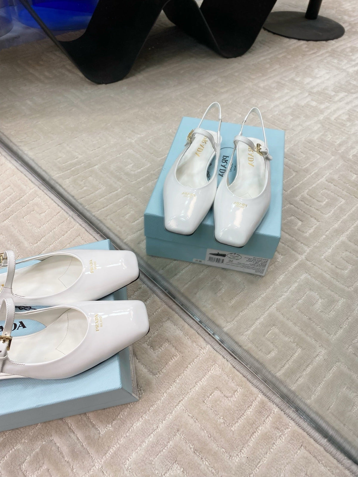 PRADA MARY JANE SLINGBACK SQUARE TOE IN WHITE PATENT SHEEPSKIN