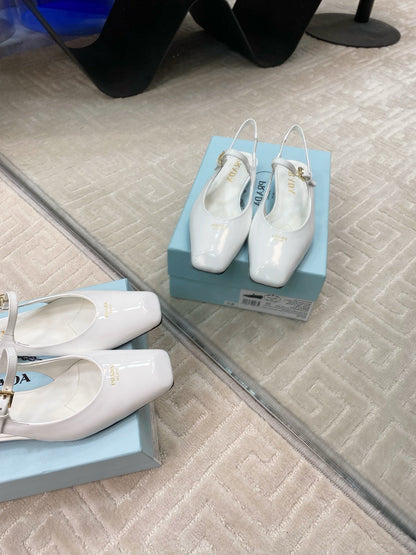 PRADA MARY JANE SLINGBACK SQUARE TOE IN WHITE PATENT SHEEPSKIN