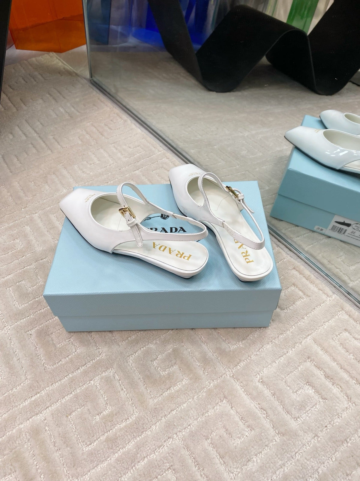 PRADA MARY JANE SLINGBACK SQUARE TOE IN WHITE PATENT SHEEPSKIN