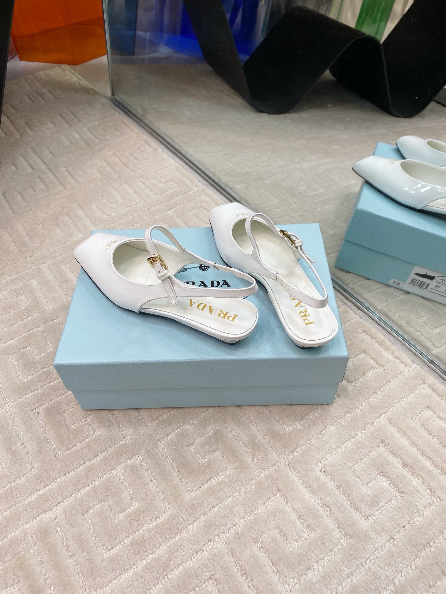 PRADA MARY JANE SLINGBACK SQUARE TOE IN WHITE PATENT SHEEPSKIN