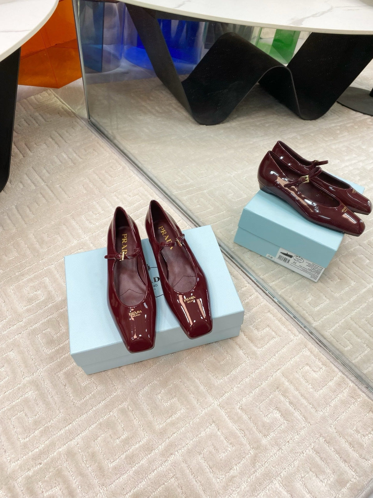 PRADA MARY JANE FLATS SQUARE TOE IN BURGUNDY RED PATENT SHEEPSKIN