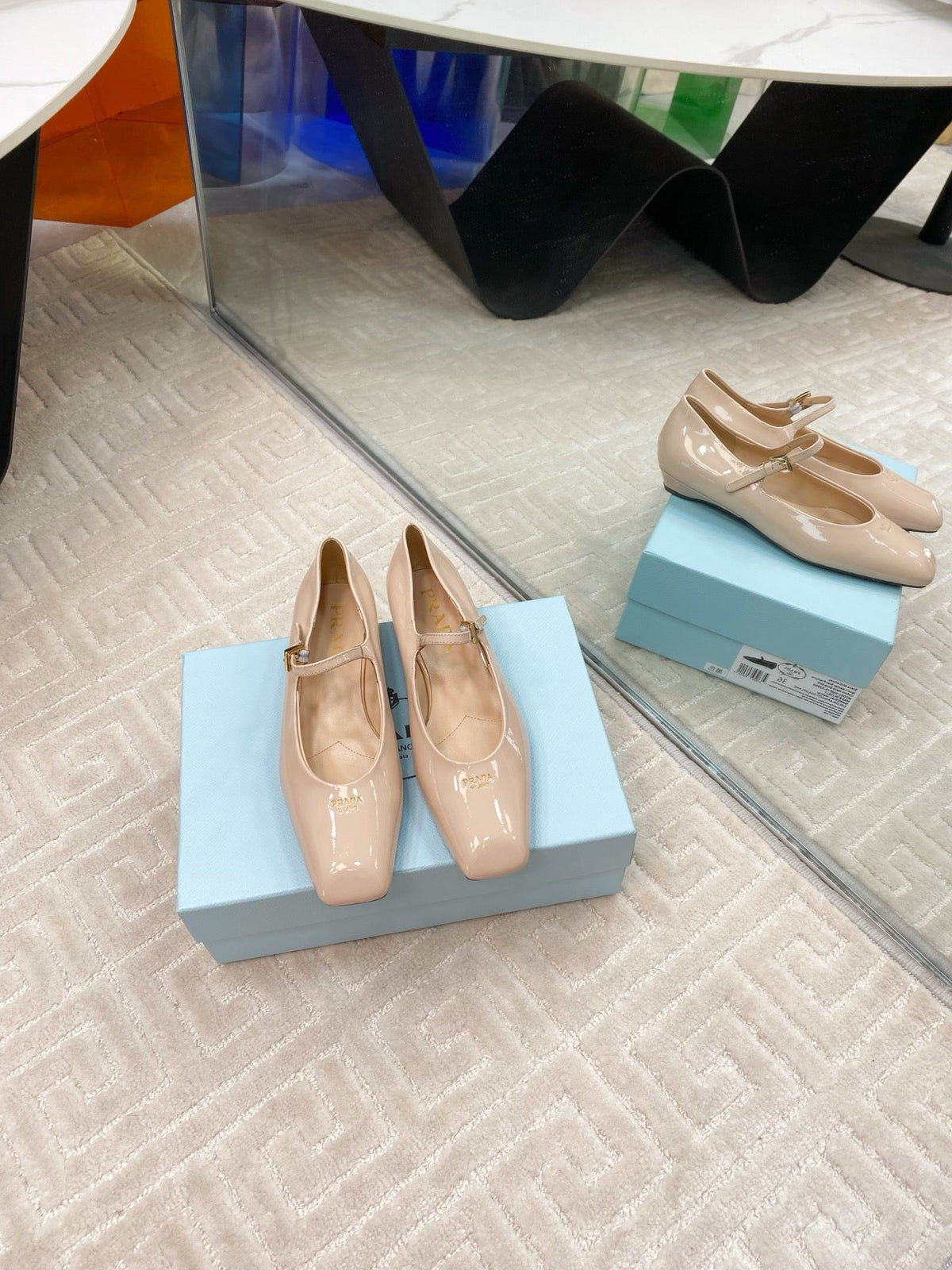 PRADA MARY JANE FLATS SQUARE TOE IN BEIGE PATENT SHEEPSKIN
