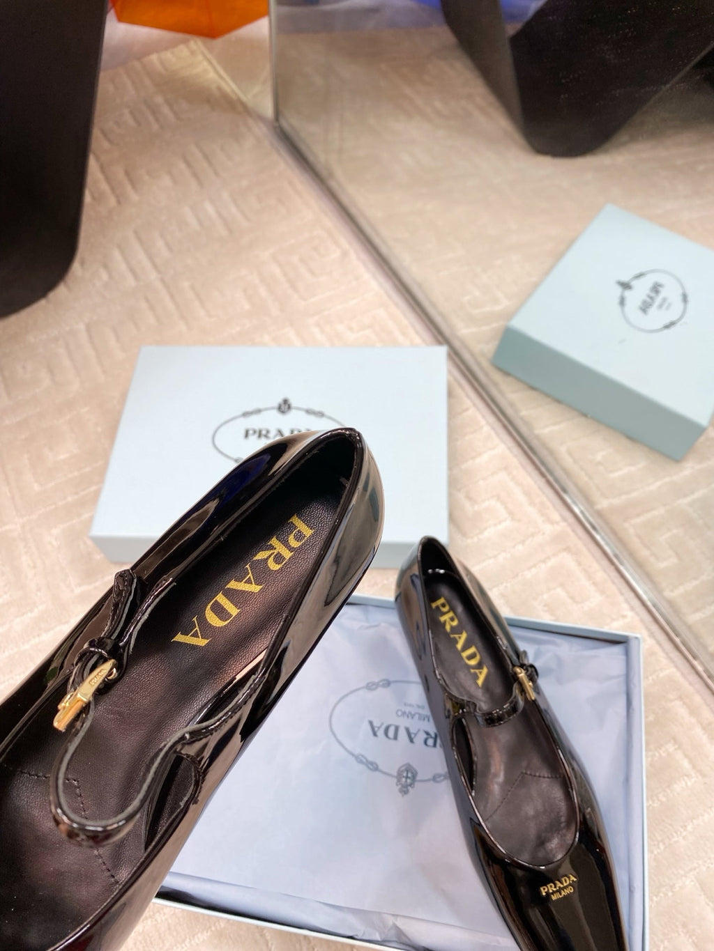 PRADA MARY JANE FLATS SQUARE TOE IN BLACK PATENT SHEEPSKIN