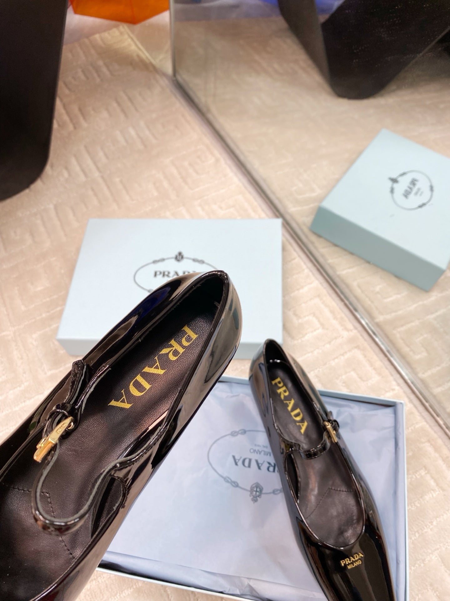 PRADA MARY JANE FLATS SQUARE TOE IN BLACK PATENT SHEEPSKIN