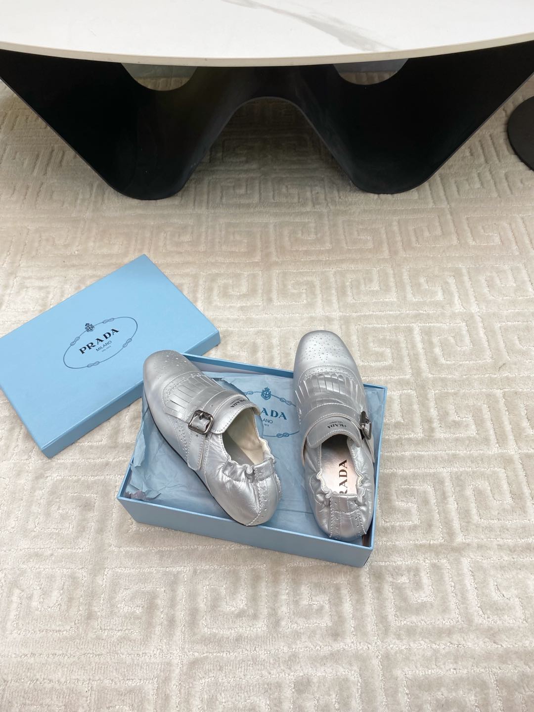 PRADA TASSEL LOAFERS IN SILVER METALLIC LAMBSKIN