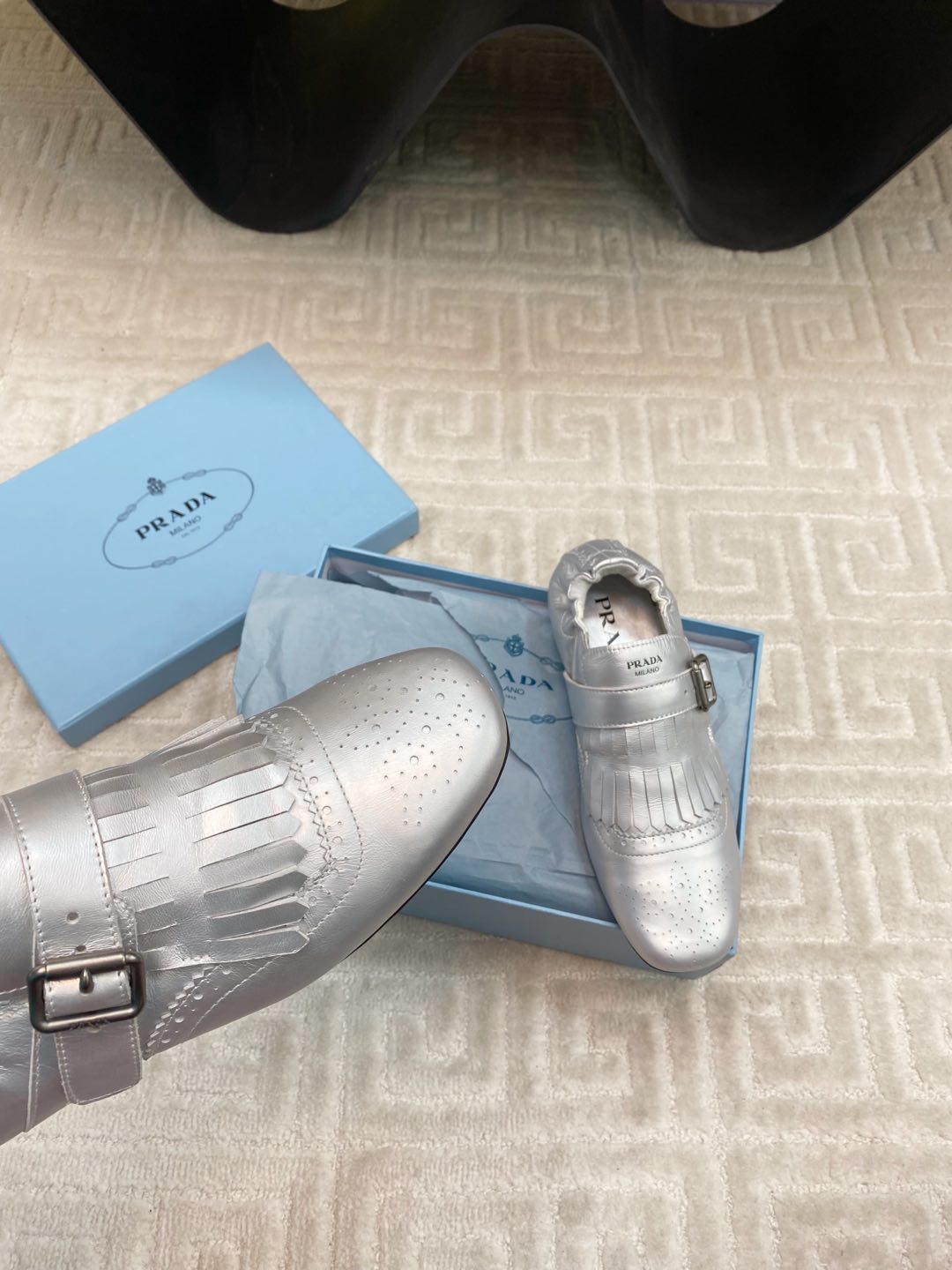 PRADA TASSEL LOAFERS IN SILVER METALLIC LAMBSKIN