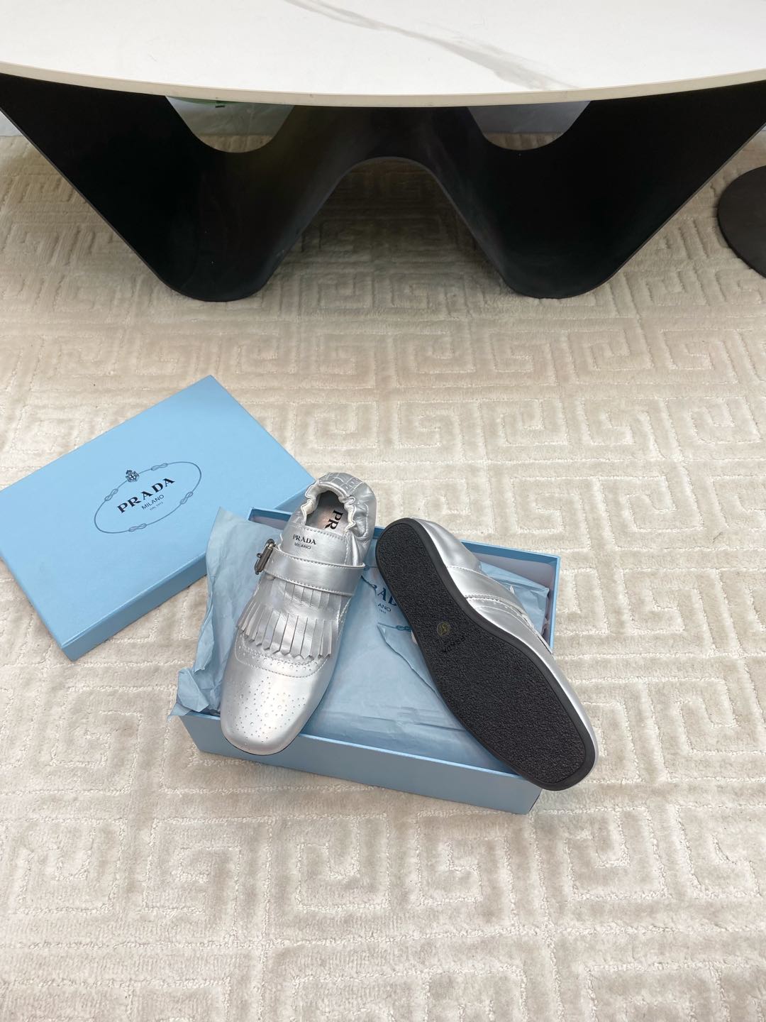 PRADA TASSEL LOAFERS IN SILVER METALLIC LAMBSKIN