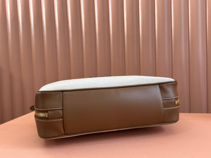MIU MIU BEAU TOP HANDLE BAG 34 IN WHITE CANVAS AND WALNUT BROWN CALFSKIN TRIM