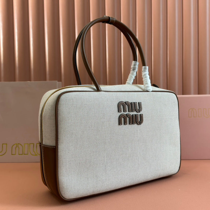 MIU MIU BEAU TOP HANDLE BAG 34 IN WHITE CANVAS AND WALNUT BROWN CALFSKIN TRIM