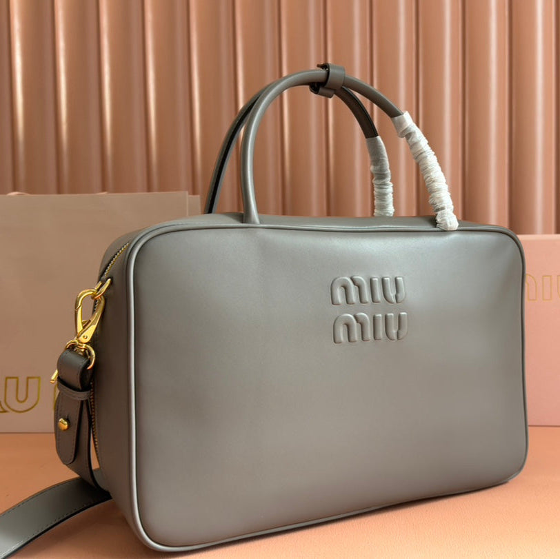 MIU MIU BEAU TOP HANDLE BAG 34 IN DARK GREY SMOOTH CALFSKIN