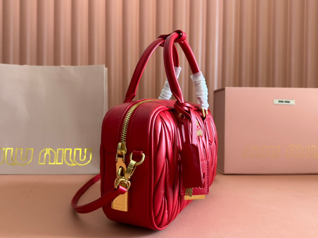MIU MIU ARCADIE MATELASSÉ BAG 24 IN CERISE RED CALFSKIN GOLD HARDWARE
