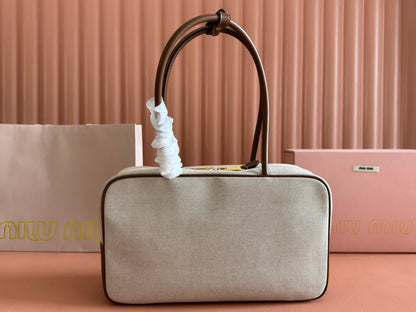 MIU MIU MIUMIU 25S BEAU CANVAS BAG 34 IN BEIGE CANVAS AND BROWN CALFSKIN