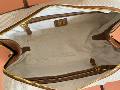 MIU MIU MIUMIU 25S BEAU CANVAS BAG 34 IN BEIGE CANVAS AND BROWN CALFSKIN