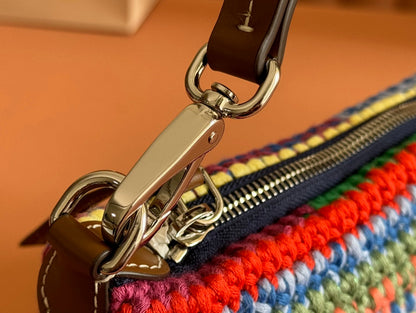 MIU MIU CROCHET SHOULDER BAG 25.5 COLORFUL WOOL WITH BROWN STRAP CALFSKIN