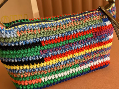 MIU MIU CROCHET SHOULDER BAG 25.5 COLORFUL WOOL WITH BROWN STRAP CALFSKIN