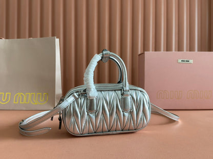 MIU MIU ARCADIE MATELASSÉ BAG 19 IN SILVER GLOSSY CALFSKIN GOLD HARDWARE