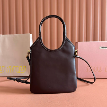 MIU MIU IVY SMALL TOTE BAG 24 IN BRIARWOOD BROWN CALFSKIN
