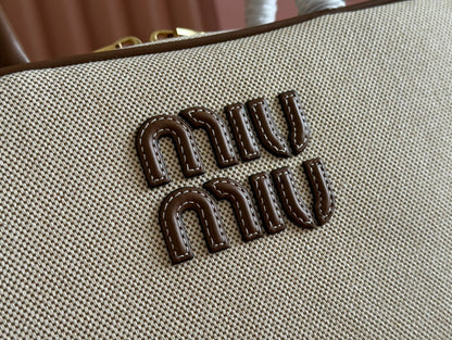 MIU MIU BOWLING BAG 28 IN WHITE CANVAS AND BROWN CALFSKIN TRIM