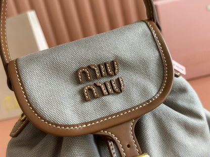 MIU MIU BACKPACK 22 IN GREY CANVAS BROWN CALFSKIN