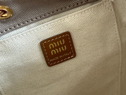 MIU MIU BACKPACK 22 IN GREY CANVAS BROWN CALFSKIN