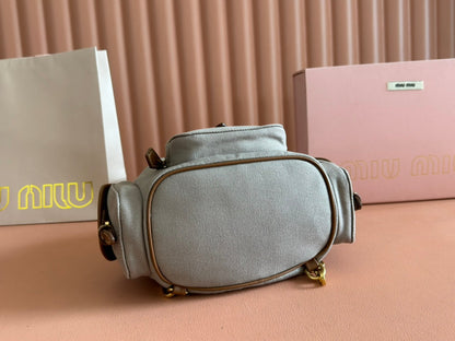 MIU MIU BACKPACK 22 IN GREY CANVAS BROWN CALFSKIN