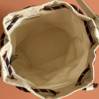 MIU MIU GABADINE POUCH 22.5 IN PLASTER WHITE CANVAS BROWN DRAWSTRING