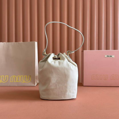 MIU MIU GABADINE POUCH 22.5 IN PLASTER WHITE CANVAS BROWN DRAWSTRING