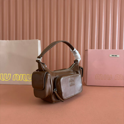 MIU MIU POCKET HANDBAG 21 IN OAK BROWN CALFSKIN