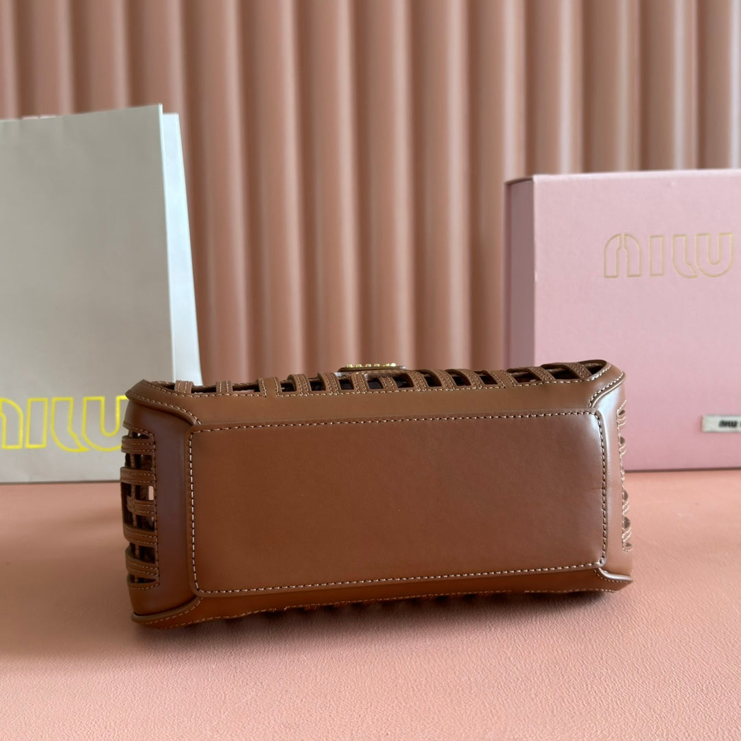 MIU MIU WOVEN HOLLOW BAG 24 IN DARK BROWN CALFSKIN