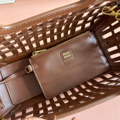 MIU MIU WOVEN HOLLOW BAG 24 IN DARK BROWN CALFSKIN