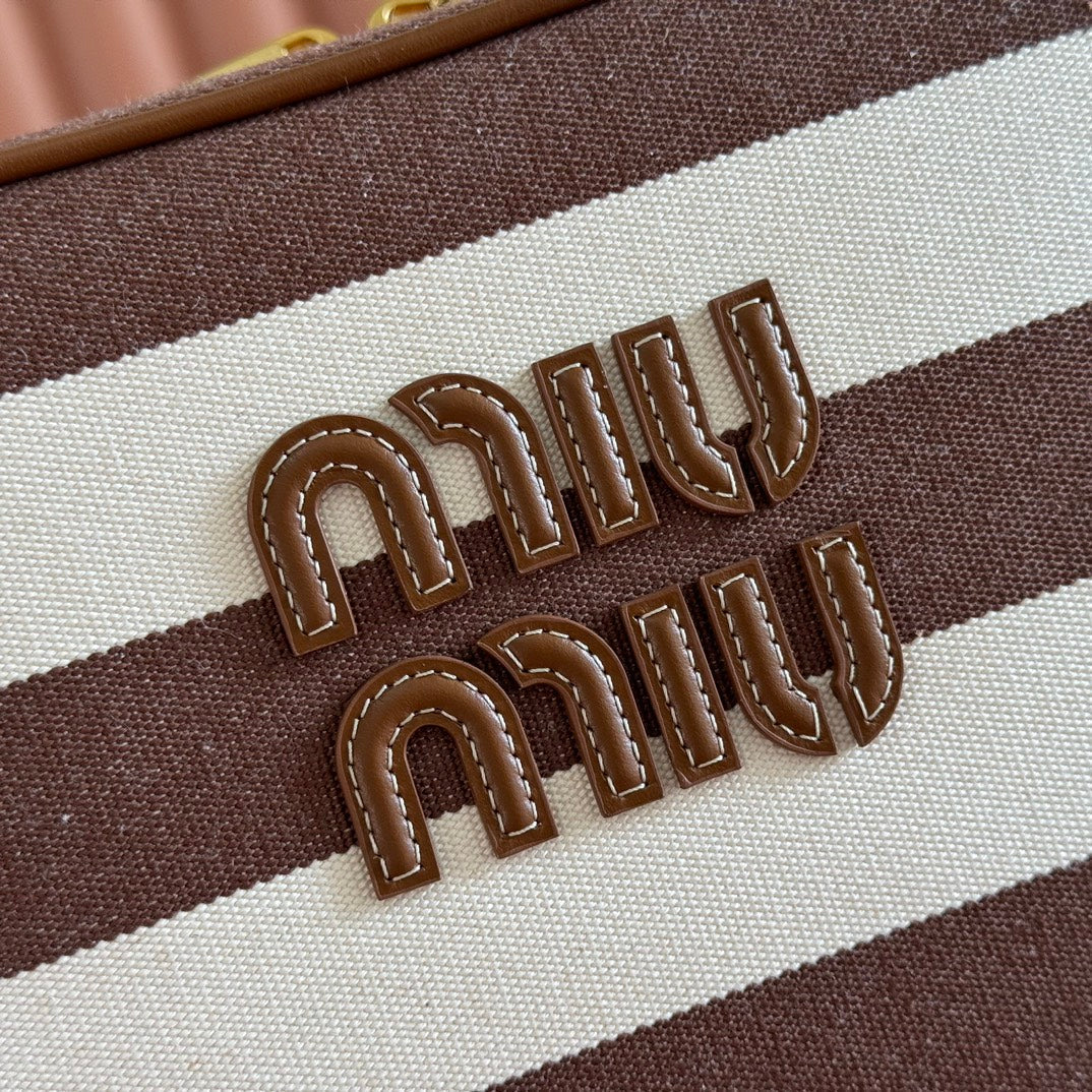 MIU MIU BEAU BAG 34 DENIM BEAU WITH BROWN STRIPES IN CANVAS AND CALFSKIN