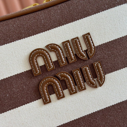 MIU MIU BEAU BAG 34 DENIM BEAU WITH BROWN STRIPES IN CANVAS AND CALFSKIN