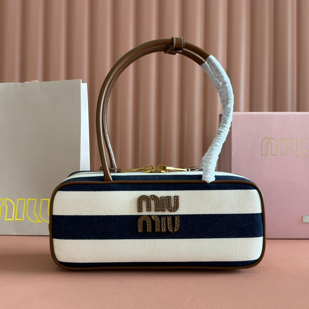 MIU MIU BEAU BAG 28 BLUE AND BEIGE STRIPES IN CANVAS AND CALFSKIN