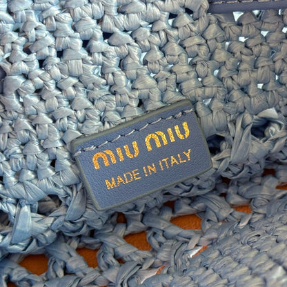 MIU MIU MIUMIU 26S WANDER BUCKET BAG 23 IN BLUE RAFFIA WITH LEATHER TRIM