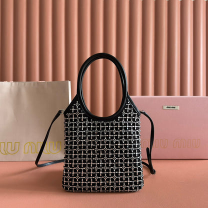 MIU MIU MIUMIU 26S CRYSTAL TOTE 24 BAG IN BLACK CALFSKIN