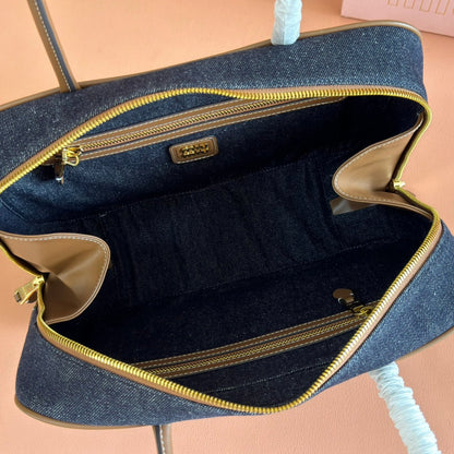 MIU MIU MIUMIU 25S BEAU DENIM BAG 34 IN DARK BLUE DENIM AND BROWN CALFSKIN