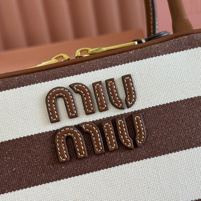 MIU MIU MIUMIU 25S BEAU BAG 28 BROWN AND BEIGE STRIPES IN CANVAS AND CALFSKIN