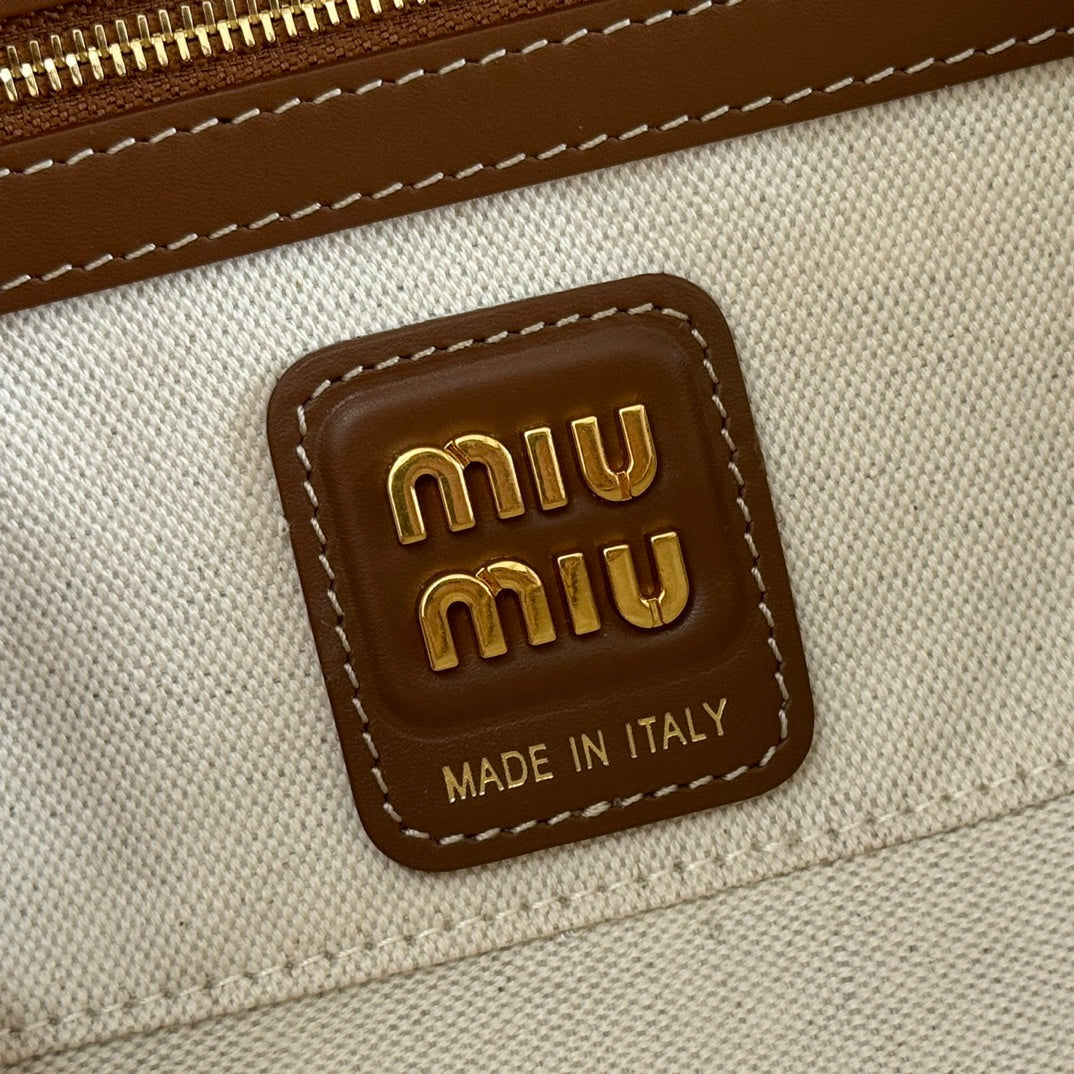 MIU MIU MIUMIU 25S BEAU BAG 28 BROWN AND BEIGE STRIPES IN CANVAS AND CALFSKIN
