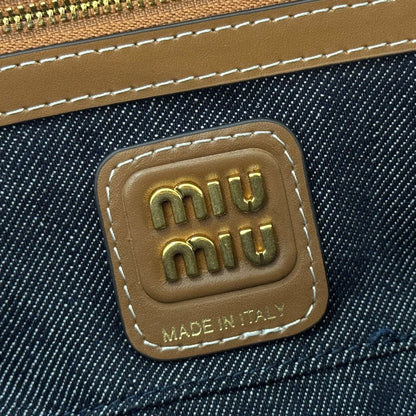 MIU MIU MIUMIU 25S BEAU DENIM BAG 28 IN DARK BLUE DENIM AND BROWN CALFSKIN