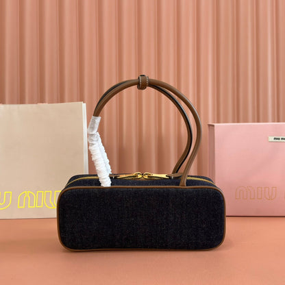 MIU MIU MIUMIU 25S BEAU DENIM BAG 28 IN DARK BLUE DENIM AND BROWN CALFSKIN