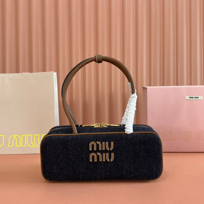 MIU MIU MIUMIU 25S BEAU DENIM BAG 28 IN DARK BLUE DENIM AND BROWN CALFSKIN
