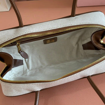 MIU MIU MIUMIU 25S BEAU CANVAS BAG 28 IN BEIGE CANVAS AND BROWN CALFSKIN