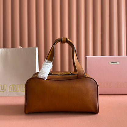 MIU MIU MIUMIU 26S TOP-HANDLE BAG 28 IN TAN BROWN CALFSKIN GOLD HARDWARE