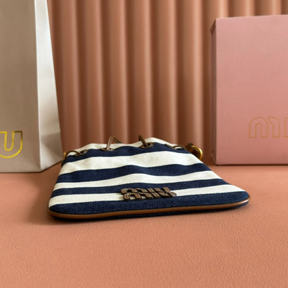 MIU MIU MIUMIU 26S BUCKET BAG 23 IN CREAM AND NAVY BLUE CANVAS GOLD HARDWARE