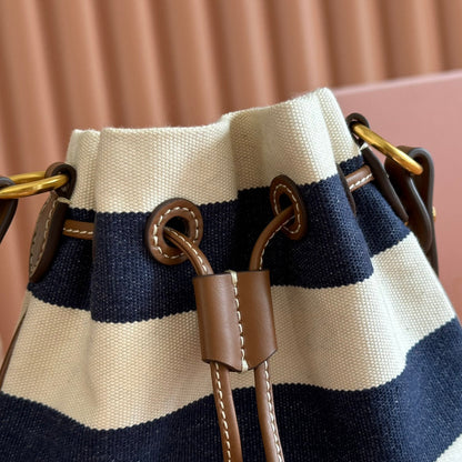 MIU MIU MIUMIU 26S BUCKET BAG 23 IN CREAM AND NAVY BLUE CANVAS GOLD HARDWARE